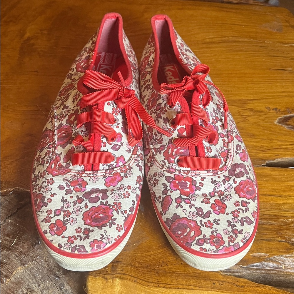 Keds Champion Floral Canvas Sneakers White Red Purple Floral Ribbon Lace Size 9